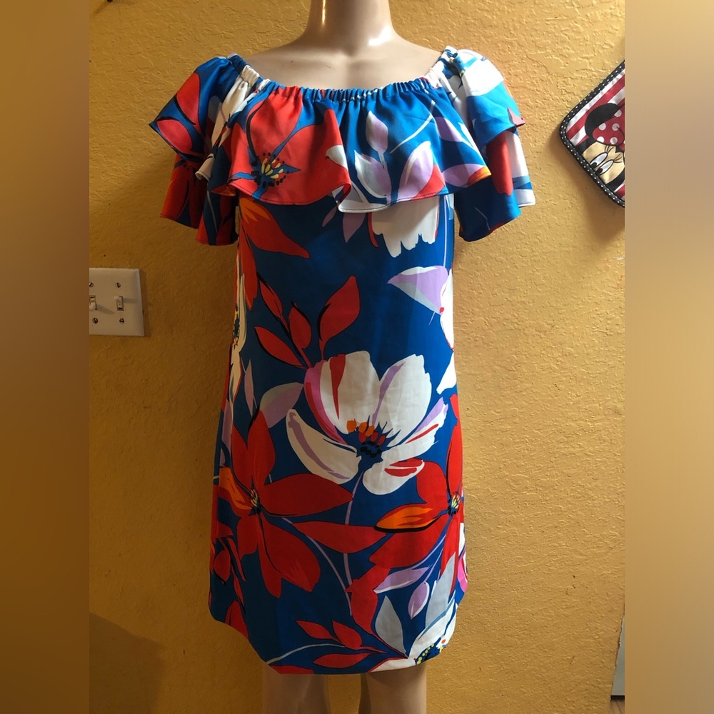 London Times Blue and Red Patterned Dress